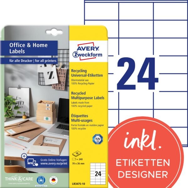 AVERY ZWECKFORM Etiketten 36x70mm LR3475-10 weiss, perm. 10 Blatt/24 Stk.
